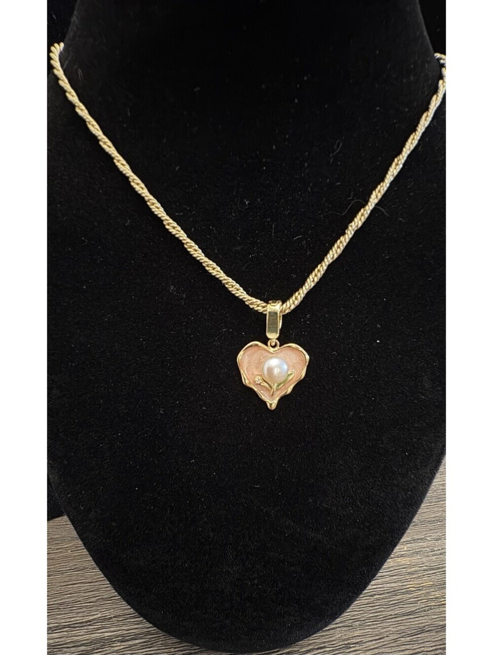 Beautiful 14kgp necklace 24” With Cultured Pearl Enamel Heart Pendant